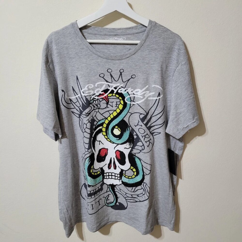 NWT Ed Hardy Men’s Skull Snake Graphic Short Sleeve T-shirt Heather Gray Size XL
